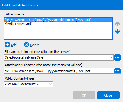 Edit Email Attachments dialog showing the default report attachment and an additional MyAttachment.pdf file.